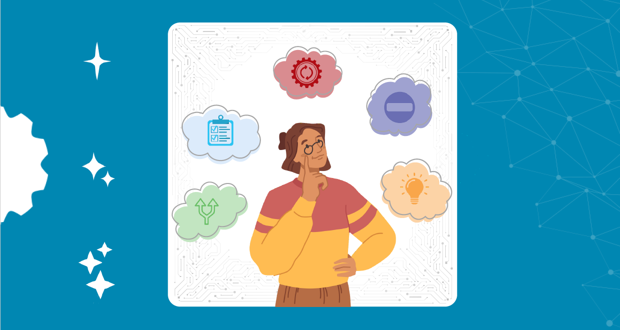 Bannière avec une jeune femme au centre en train de réfléchir. Il y a 5 bulles autour d'elle avec à l'intérieur une ampoule, un panneau stop, un rouage, une liste et une flèche double. 